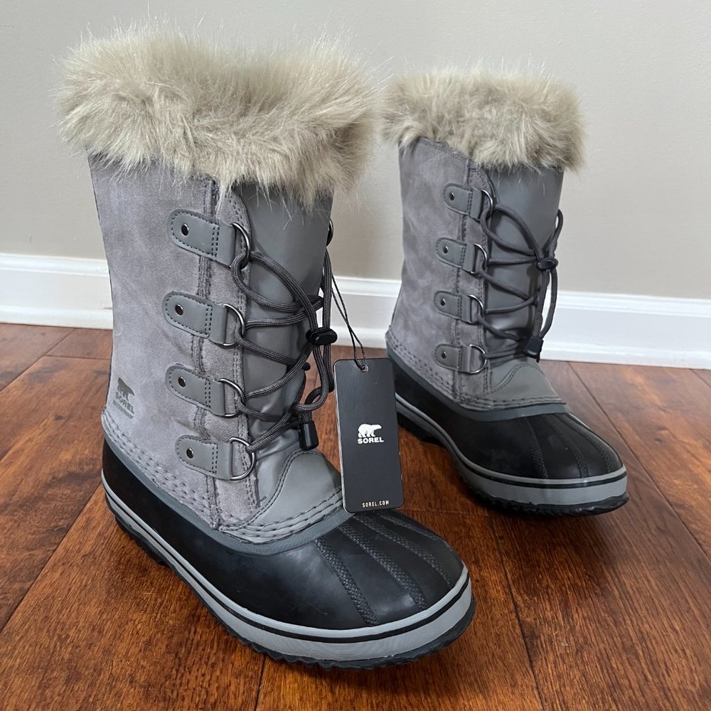 SOREL Joan of Arctic Womens Sz 7 Waterproof Fur Suede Snow Boot Gray NY-1966-052